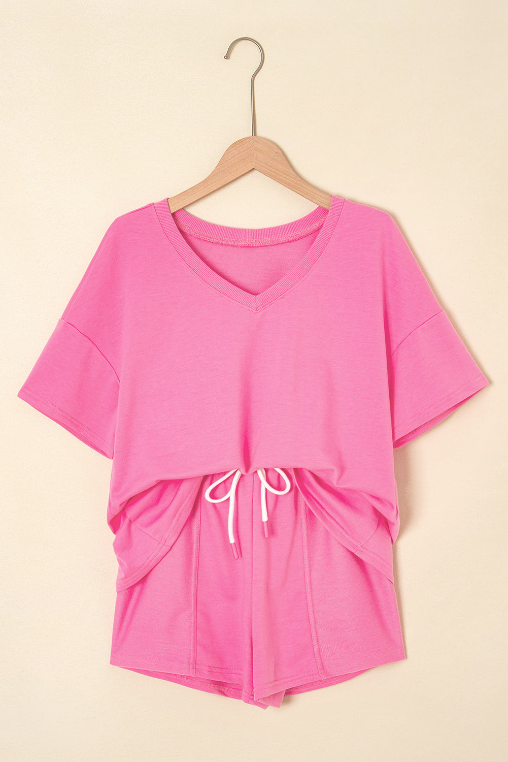 V Neck Drop Shoulder Tee and Patchwork Drawstring Shorts Set