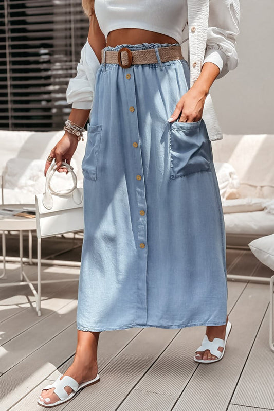 Beau Blue Buttoned Front High Waist Denim Maxi Skirt