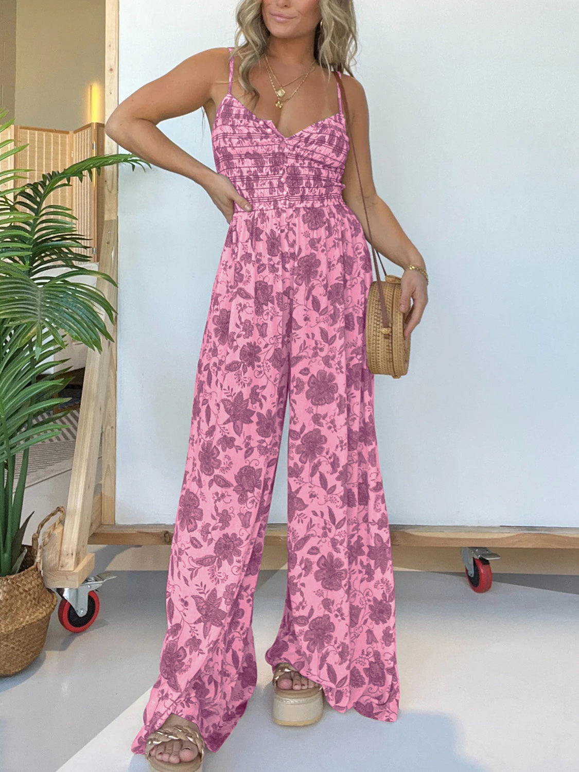 Printed Spaghetti Strap Wide Leg Jumpsuit