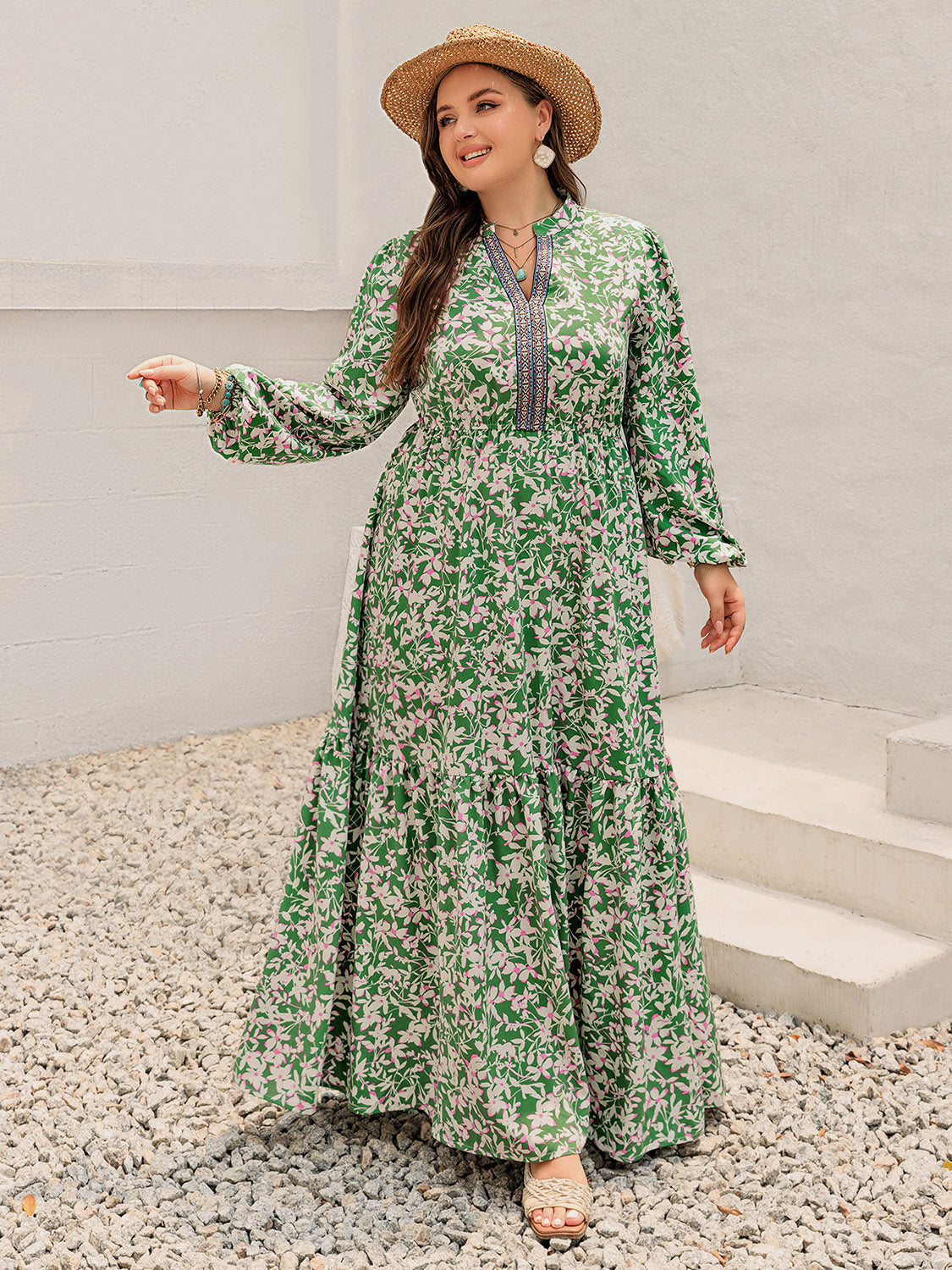 Printed Notched Long Sleeve Maxi Dress