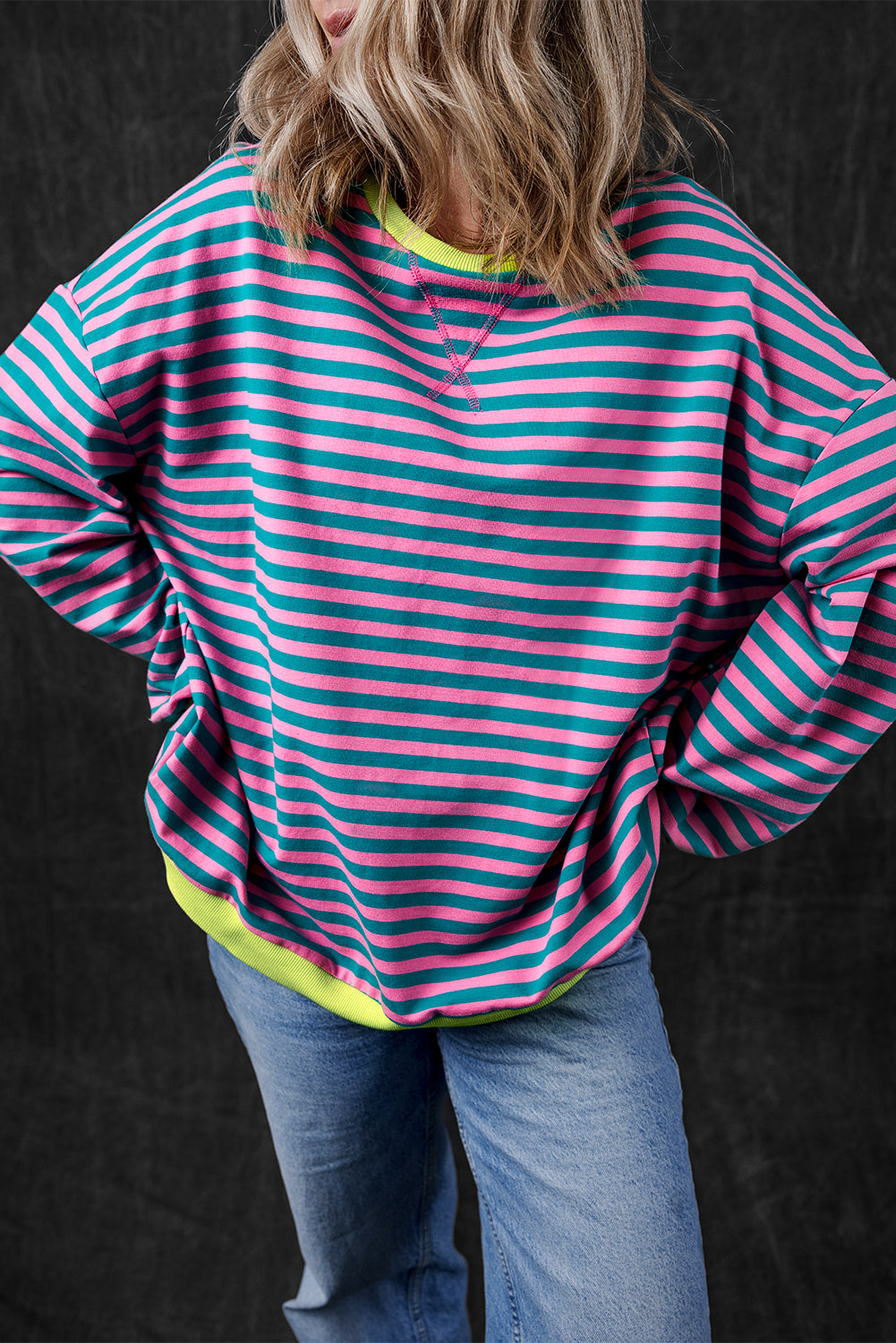 Black Stripe Oversized Contrast Trim Pullover Sweatshirt