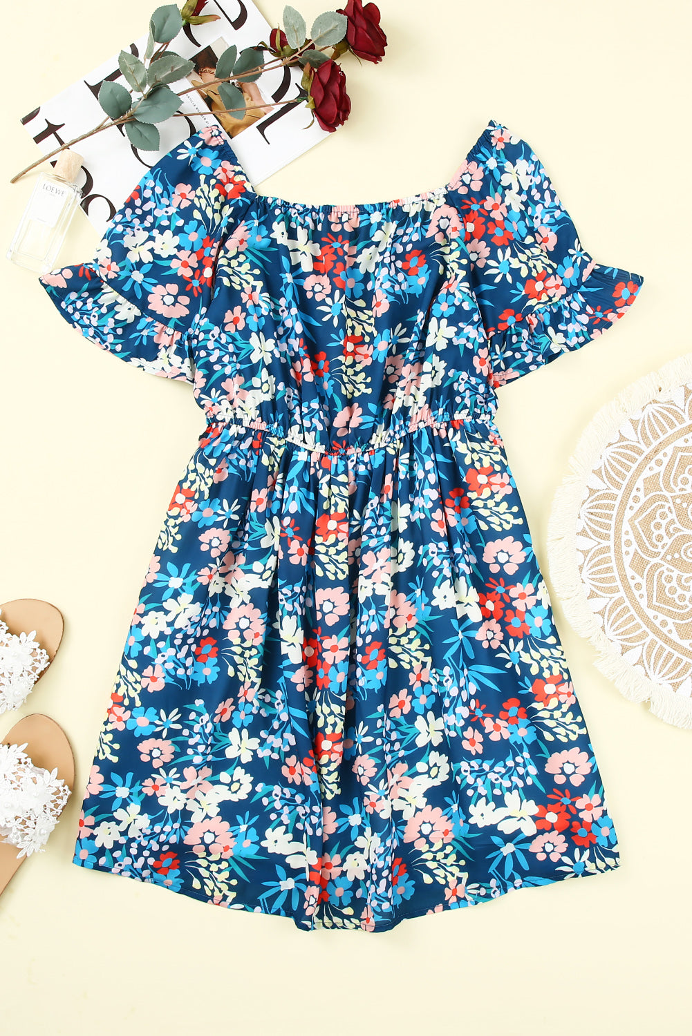 Dark Blue Bohemian Floral Print Off Shoulder Short Dress