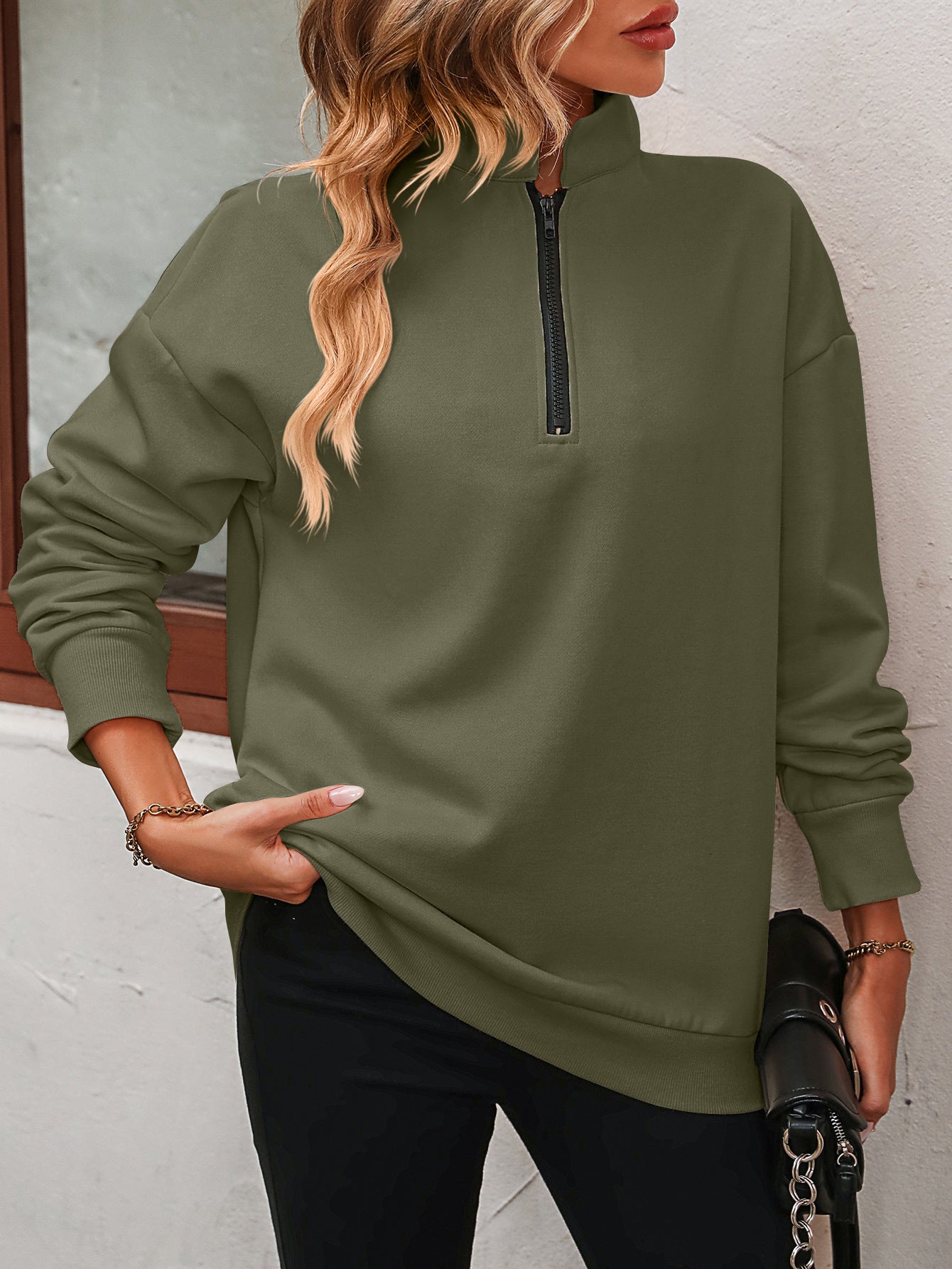 Zip-Up Dropped Shoulder Sweatshirt