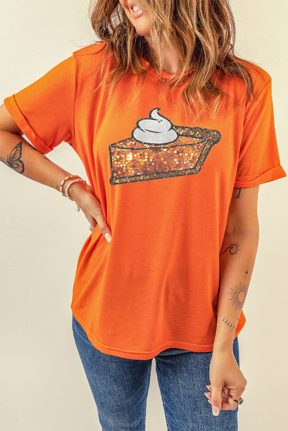 Sweet As Pumpkin Pie Graphic Cuffed Sleeve Crew Neck Tee