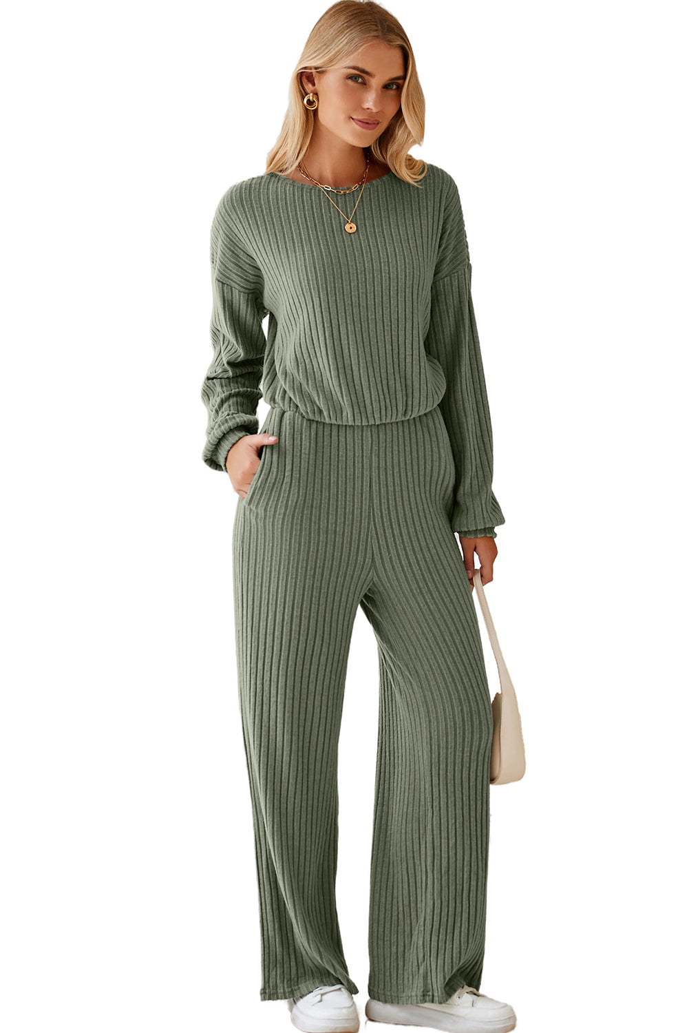 Solid Ribbed Knit Keyhole Back High Waist Jumpsuit