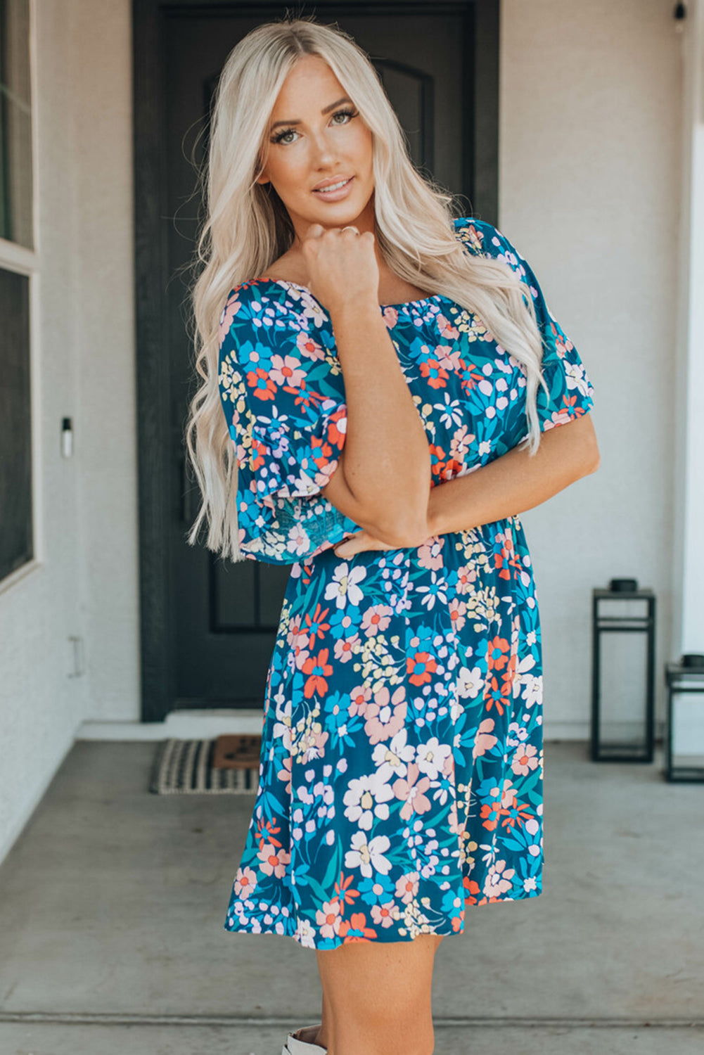 Dark Blue Bohemian Floral Print Off Shoulder Short Dress