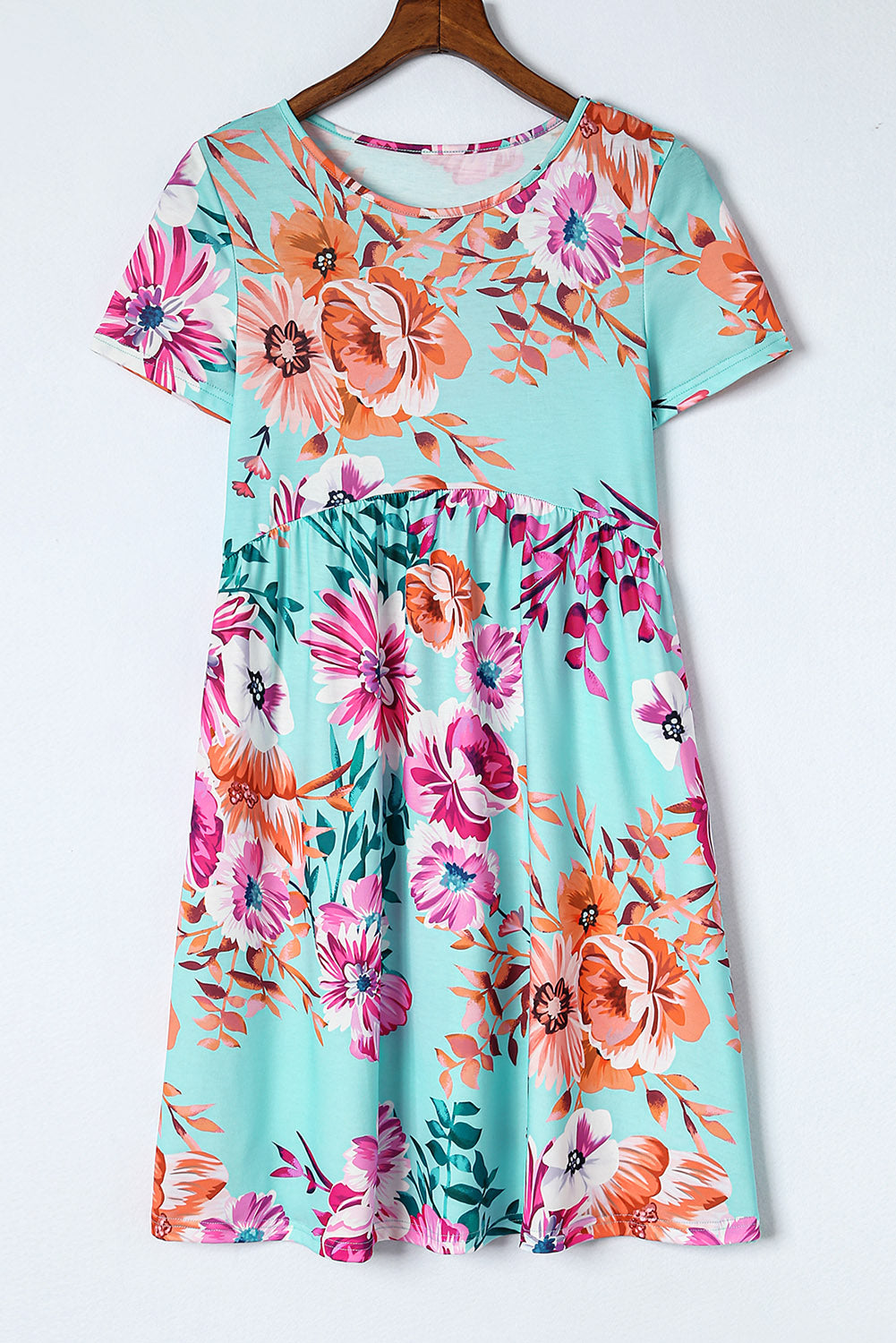 Light Blue Floral Casual High Waist Short Dress