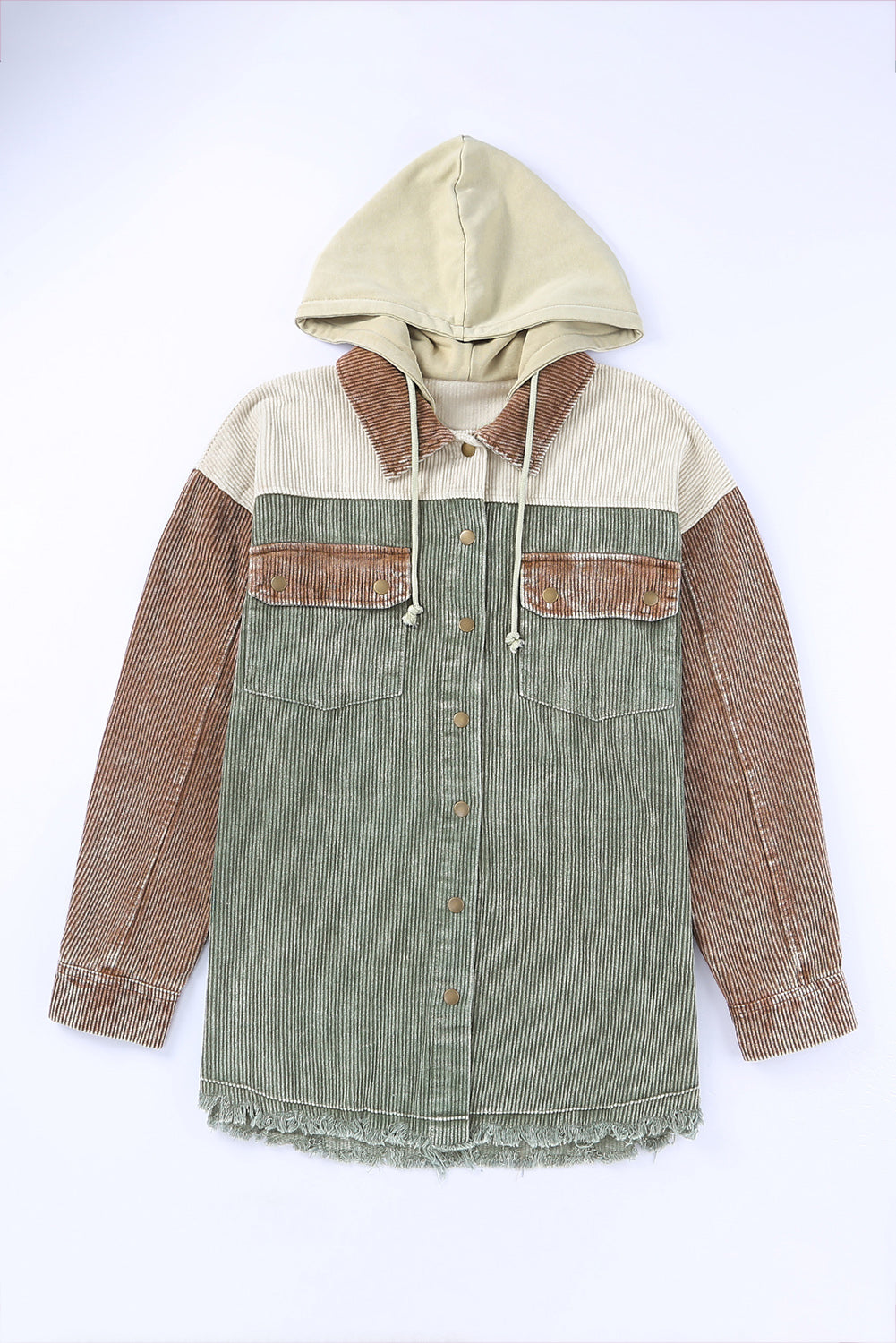 Color Block Button Down Hooded Corduroy Jacket