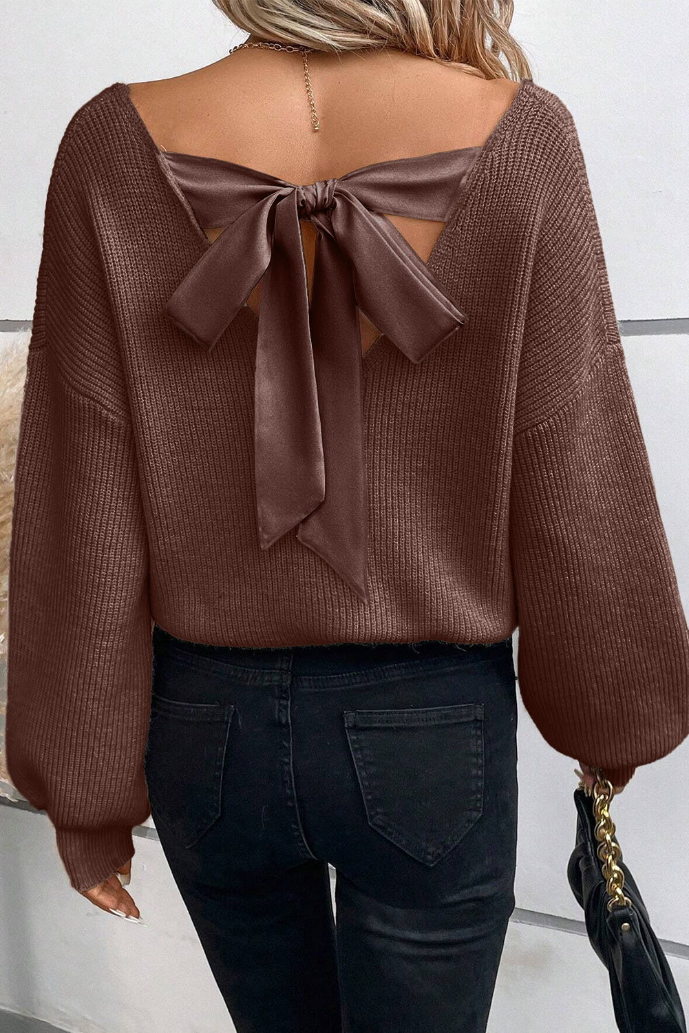 Oh So Sweet! Lantern Sleeve V Neck Knot Back Sweater