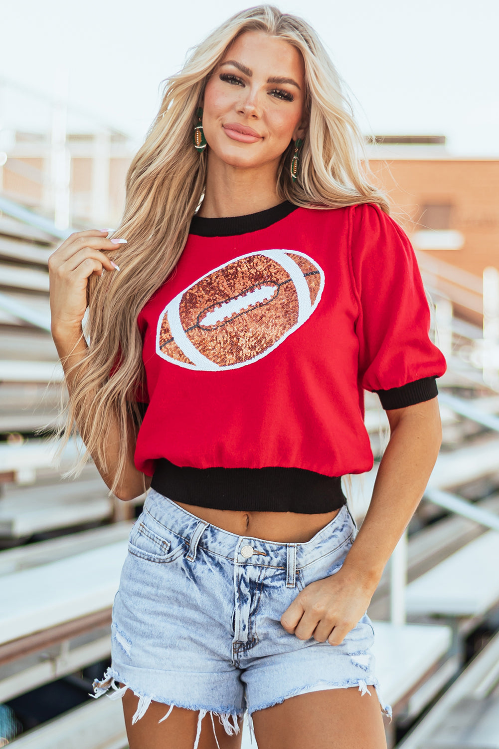 Sequin Football Puff Sleeve Sweater