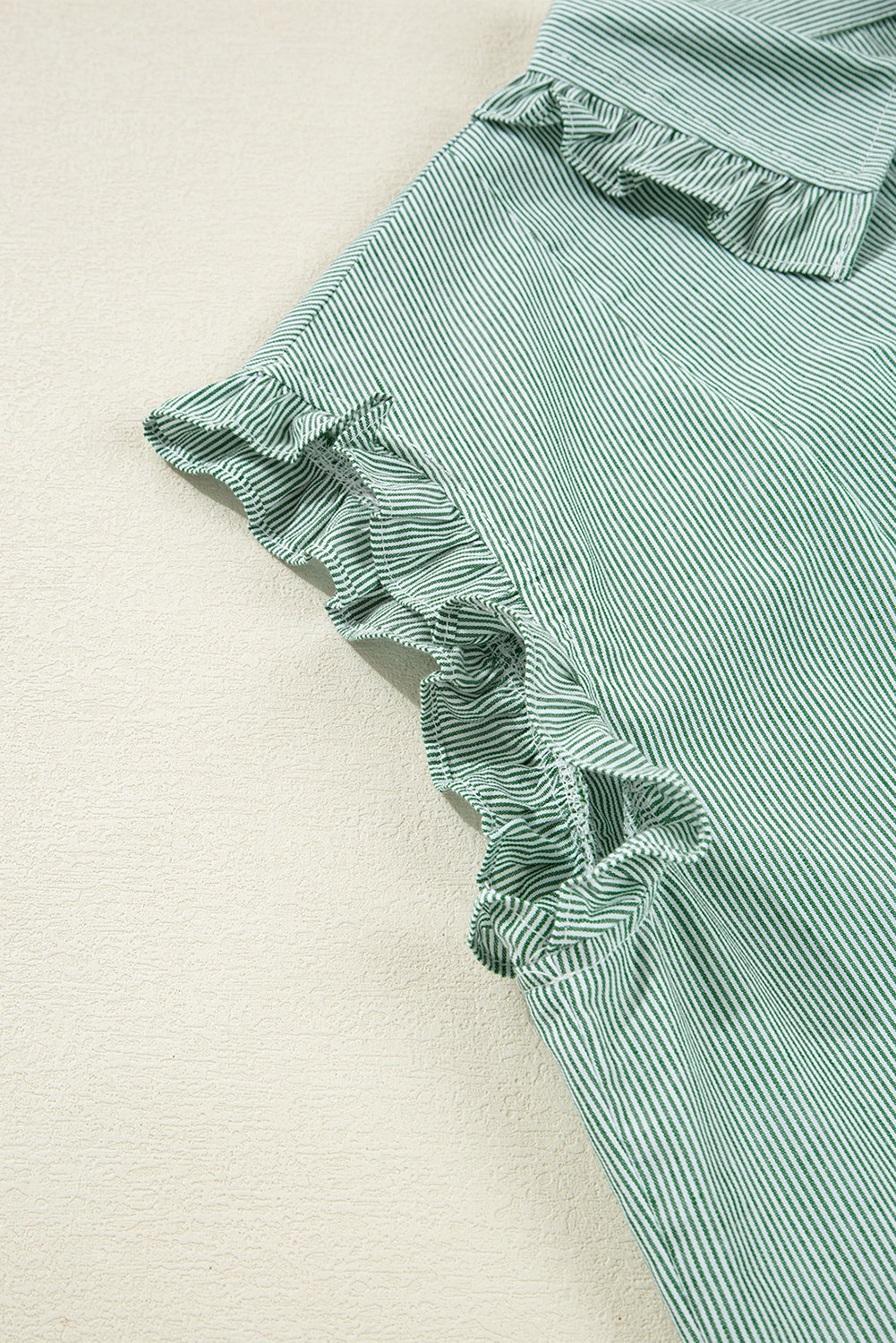 Stripe Frilled Sleeveless Collar Front Pocket Button Up Mini Dress