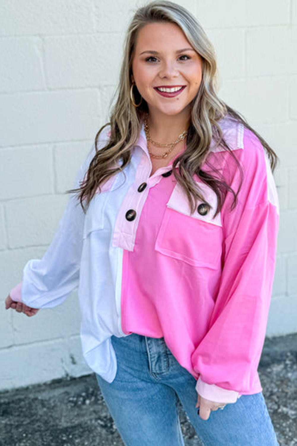 Bonbon Color Block Chest Pockets Half Button shirt