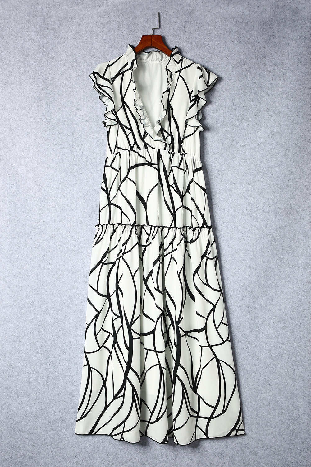 White Abstract Vein Print V Neck Ruffle Maxi Dress