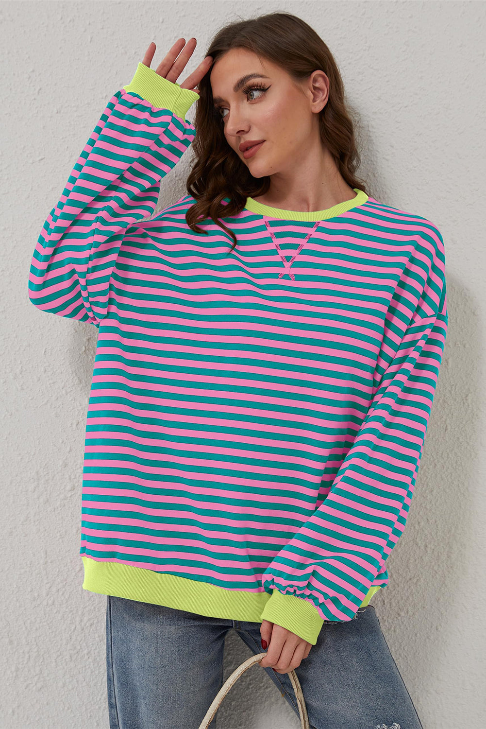 Black Stripe Oversized Contrast Trim Pullover Sweatshirt