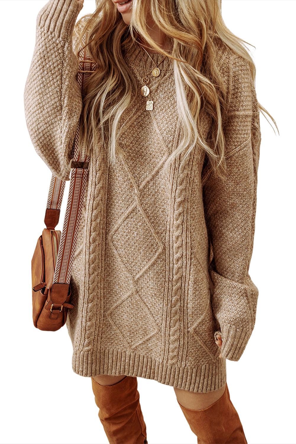 Twist Cable Knit Drop Shoulder Loose Fit Sweater Dress