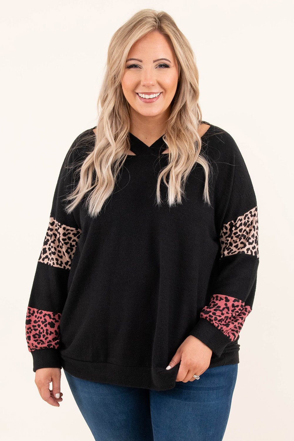 Black Leopard Patchwork Strappy Neck Top