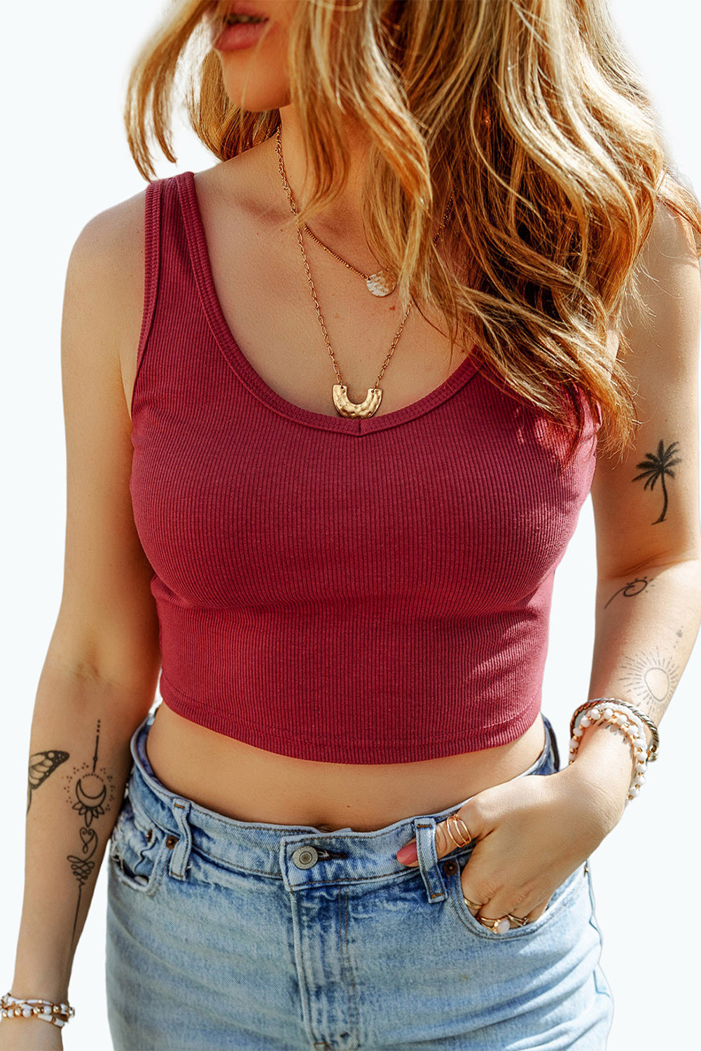 Solid Color Ribbed Knit Crop Tank Top