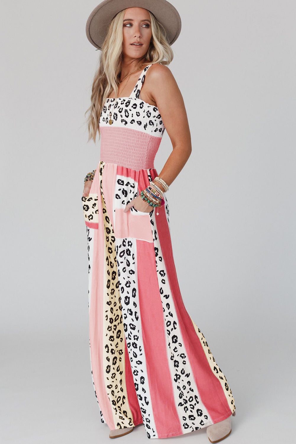 Pink Leopard Color Block Mix Print Pocketed Jumpsuit