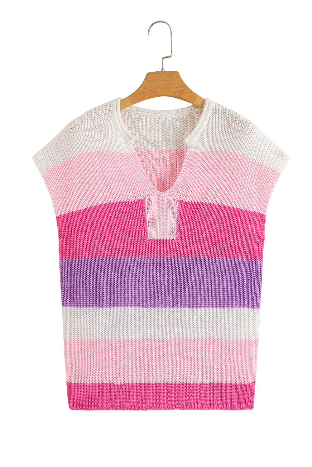Pink Color Block Notch V Neck T Shirt