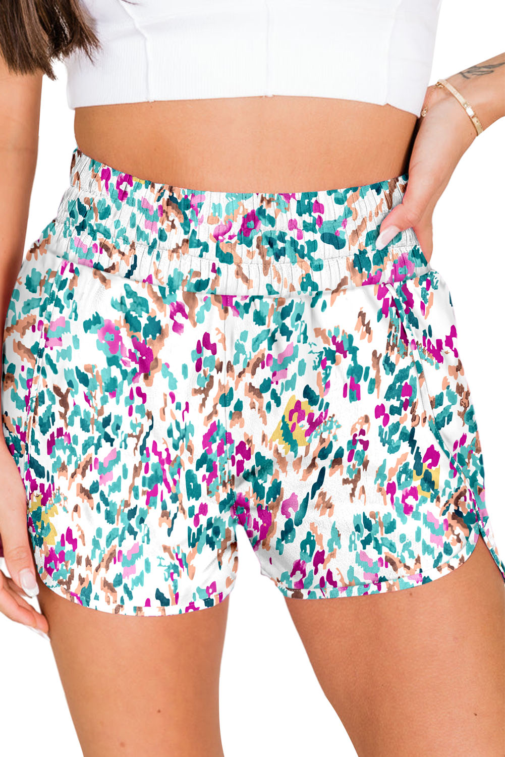 Abstract Print Smocked High Waisted Athletic Shorts