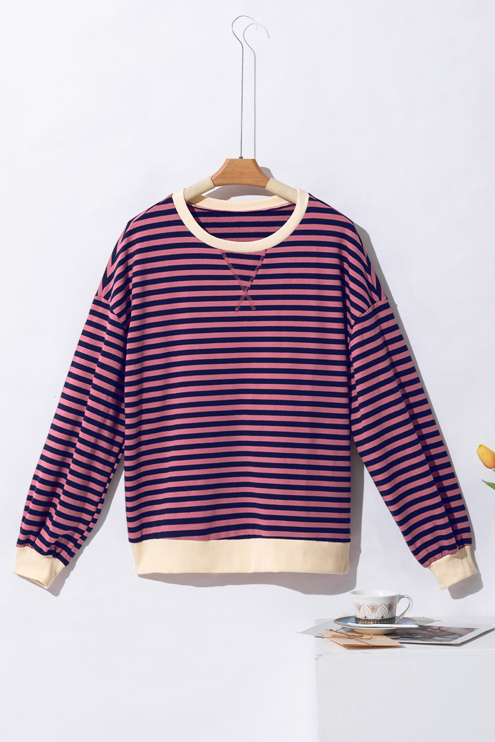 Black Stripe Oversized Contrast Trim Pullover Sweatshirt