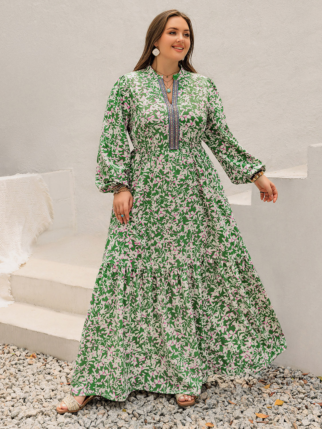 Printed Notched Long Sleeve Maxi Dress