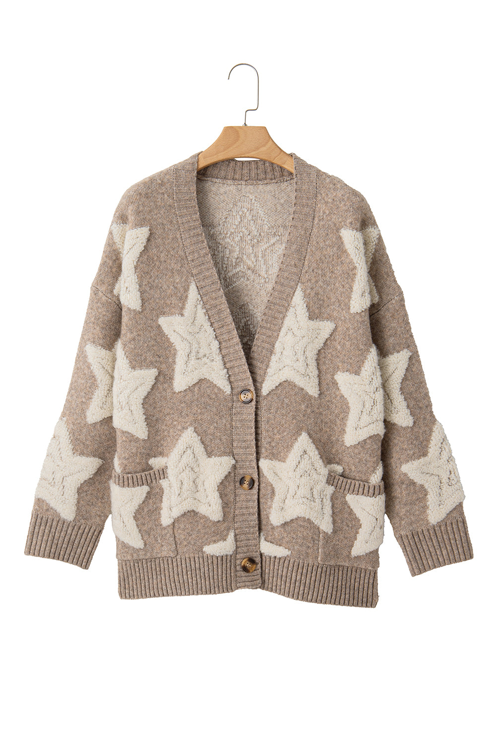 Khaki Star Pattern Pockets Button Front Cardigan