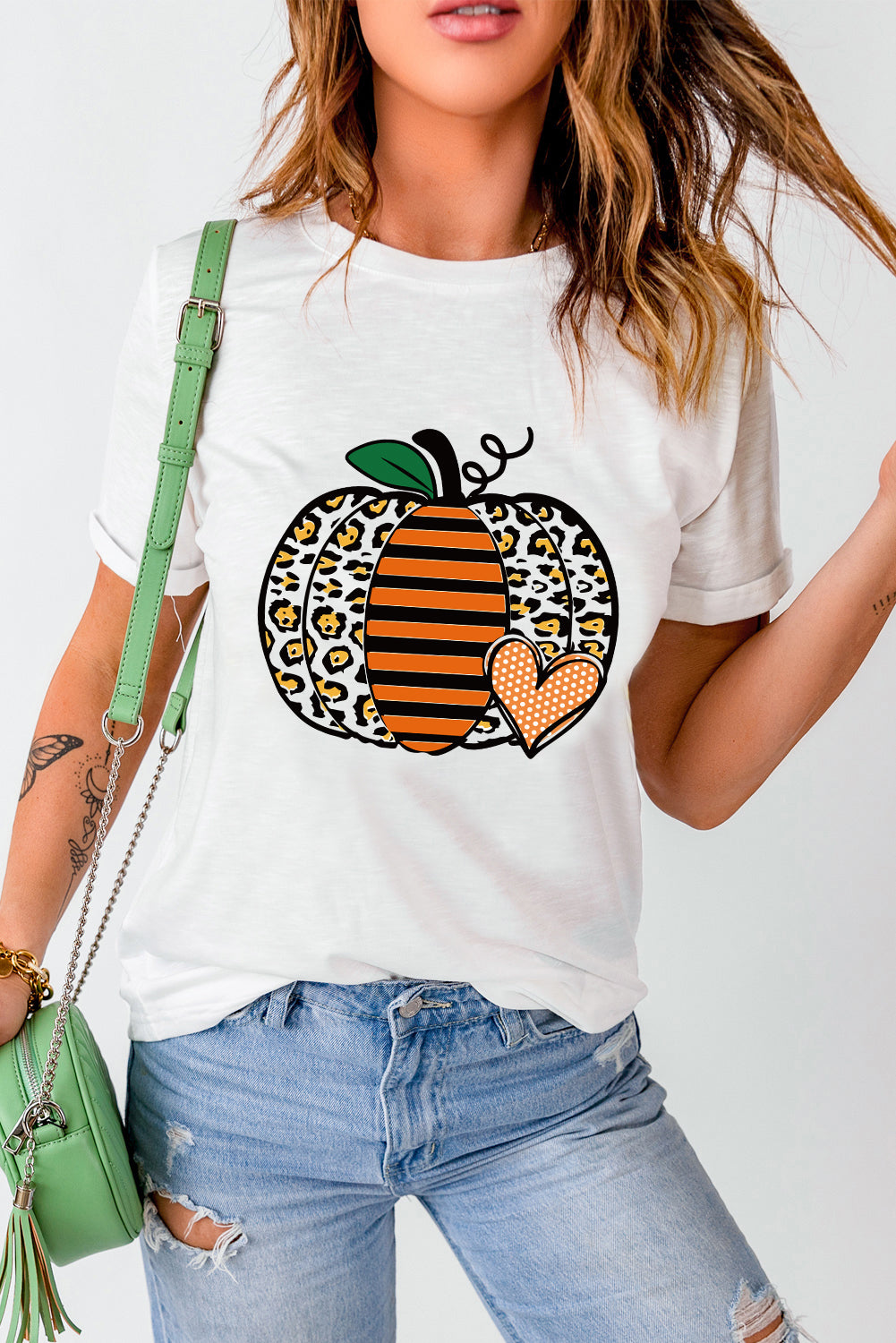 White Leopard Striped Pumpkin Printed Thanksgiving T Shirt