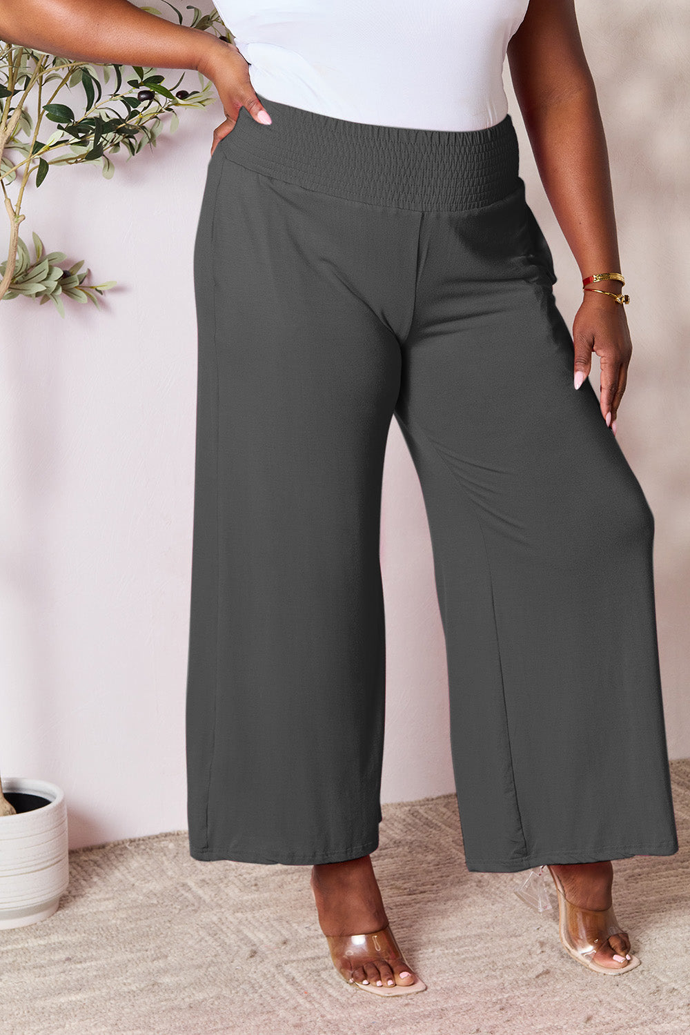 Double Take Smocked Wide Waistband Wide Leg Pants