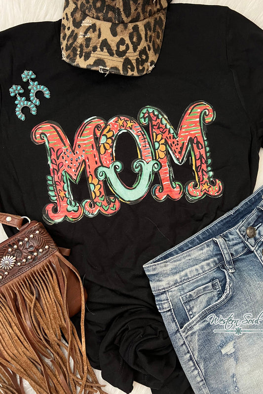 Wholesale Black Floral MOM Graphic Crew Neck T Shirt