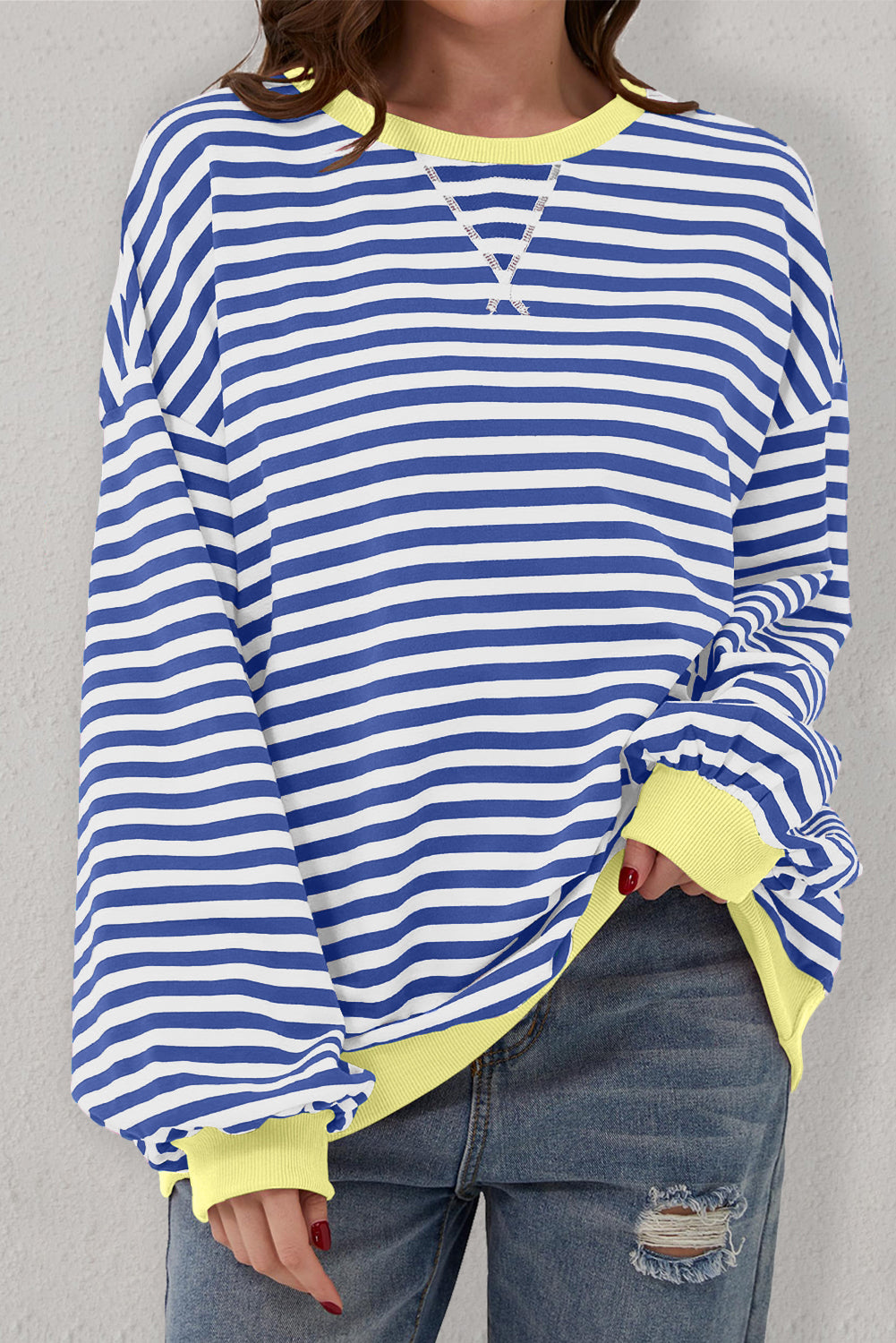 Black Stripe Oversized Contrast Trim Pullover Sweatshirt