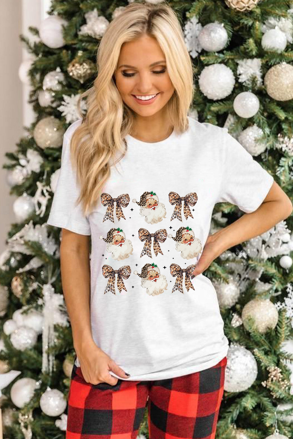 Black Santa Claus Leopard Bow Print Crew Neck Casual T Shirt