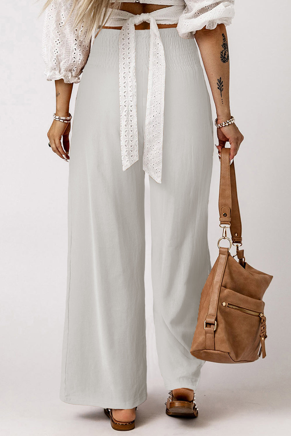 Smocked Wide Waistband High Waist Wide Leg Pants