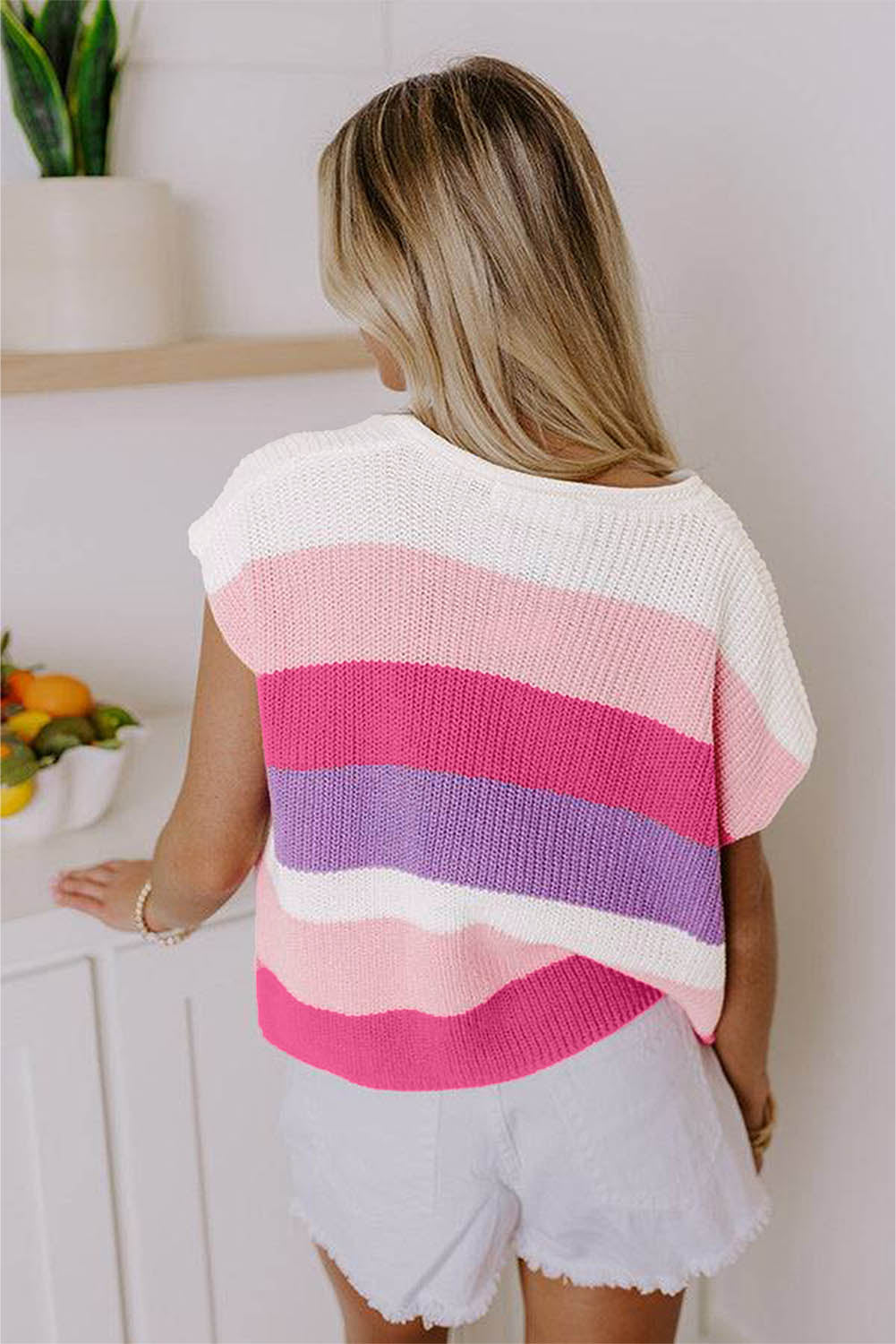 Pink Color Block Notch V Neck T Shirt