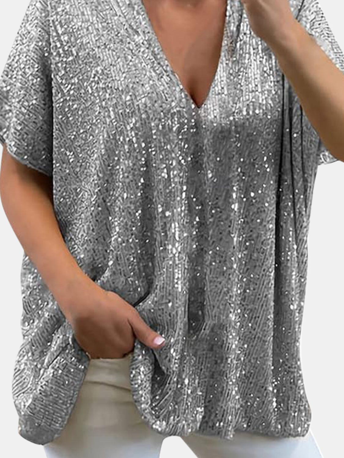 Sequin V-Neck Short Sleeve Top