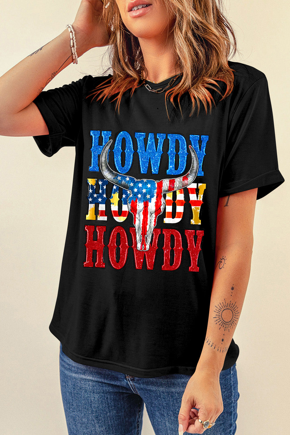 Black HOWDY American Flag Steer Head Graphic Crewneck Tee