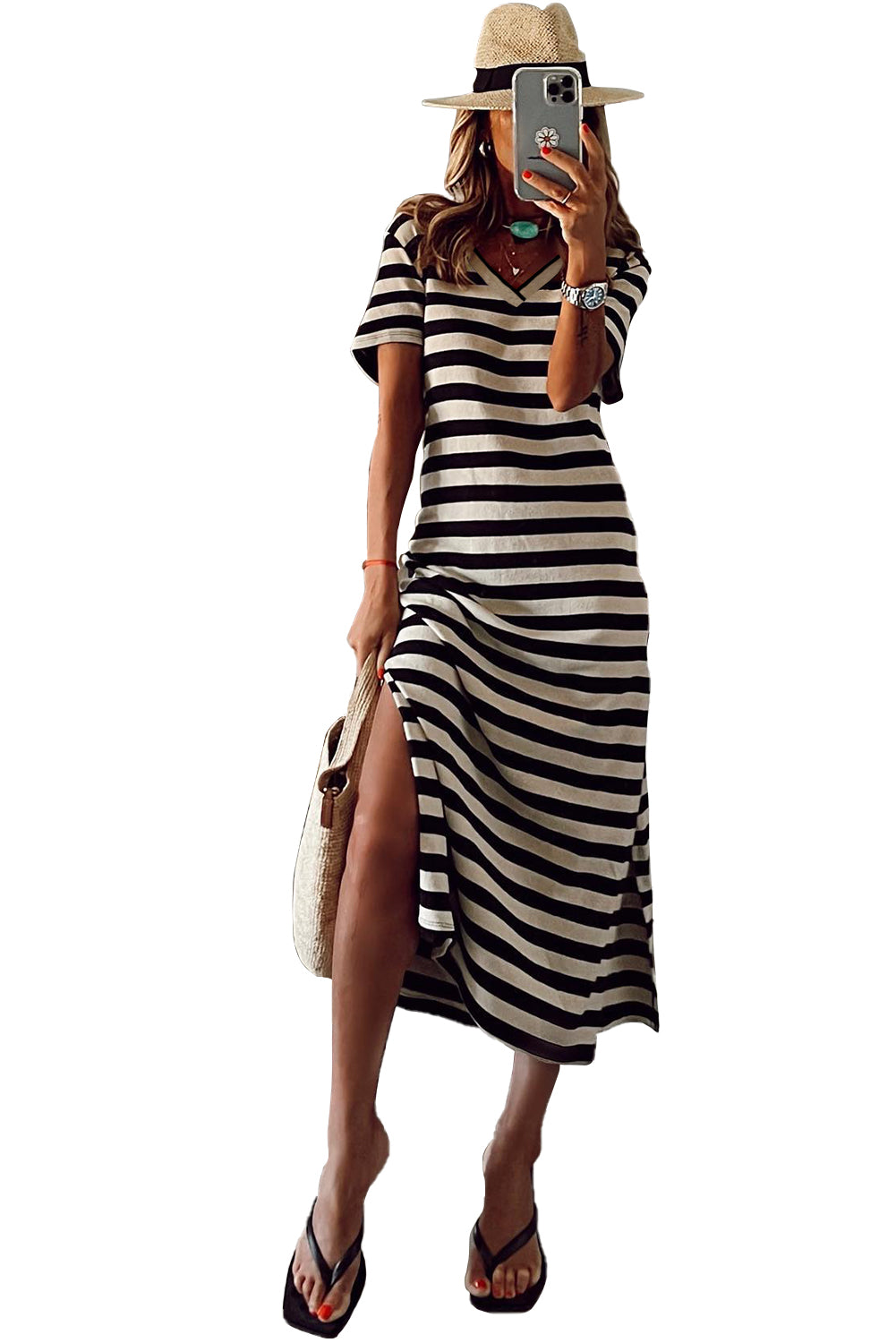 Blue Stripe Print V Neck Maxi Dress with Side Splits