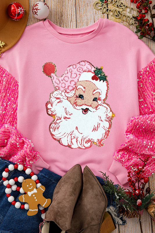 Pink Shiny Santa Claus Graphic Sequin Sleeve Sweatshirt