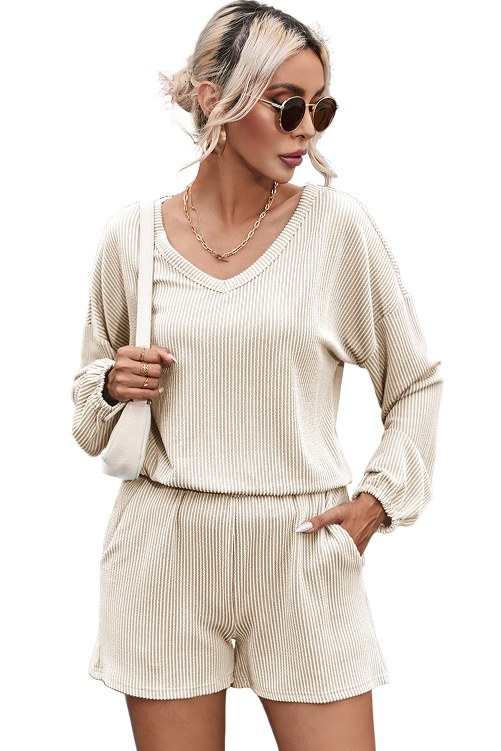 Mist Blue Corded V Neck Slouchy Top Pocketed Shorts Set