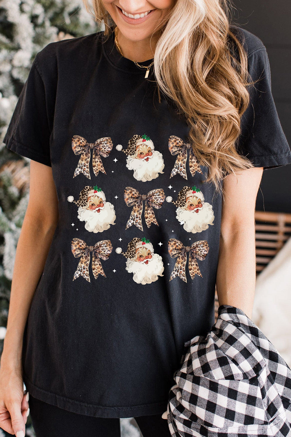 Black Santa Claus Leopard Bow Print Crew Neck Casual T Shirt