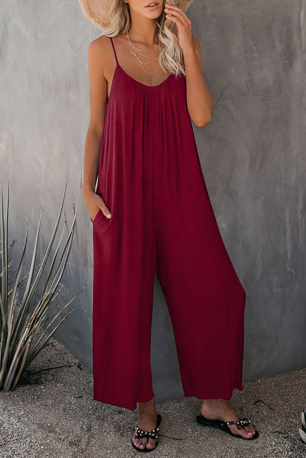 Black Spaghetti Straps Wide Leg Pocketed Jumpsuits