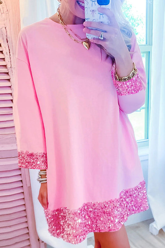 Bonbon Drop Sleeve Sequin Trim T-Shirt Dress