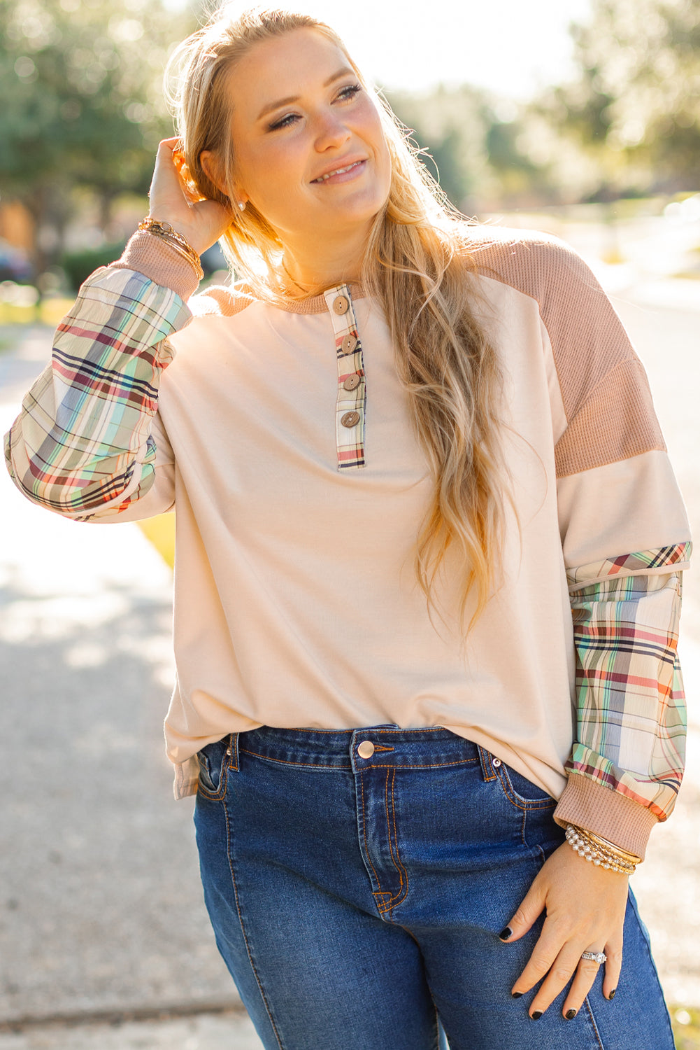 Parchment Plaid Patchwork Layered Henley Top