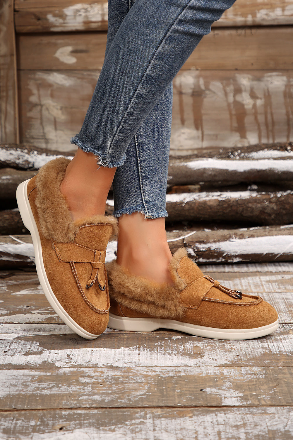 Chestnut Suede Furry Lined Slip On Flat Shoes