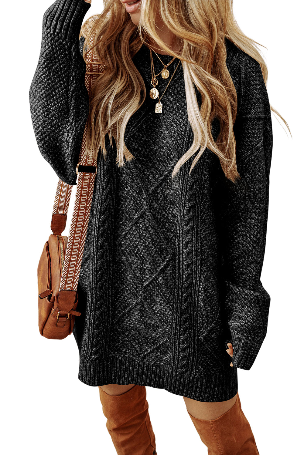 Twist Cable Knit Drop Shoulder Loose Fit Sweater Dress