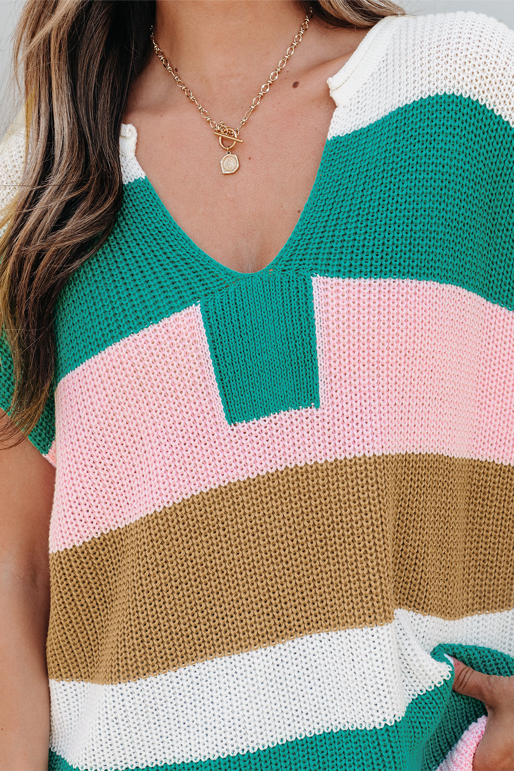 Pink Color Block Notch V Neck T Shirt
