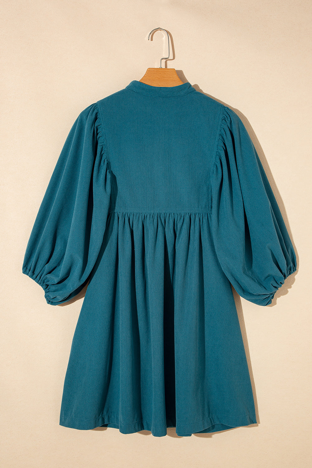 Vineyard Green Snap Button Empire Waist Lantern Sleeve Corduroy Dress