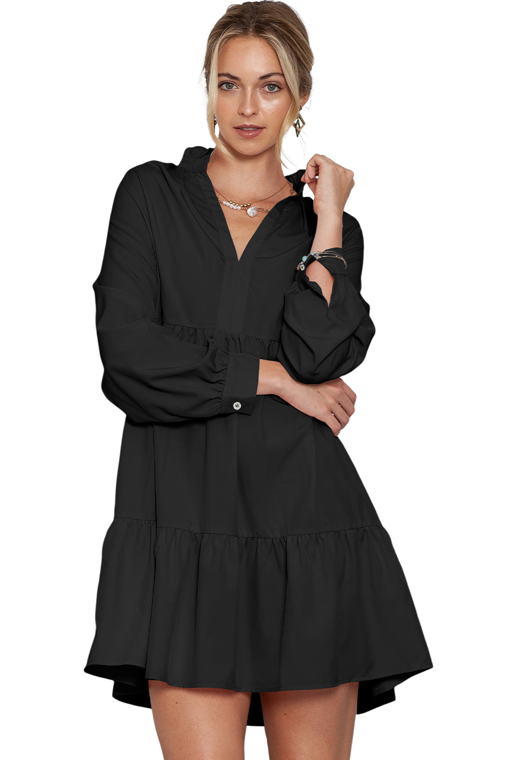 Casual Stand V Neck Short Frill Dress