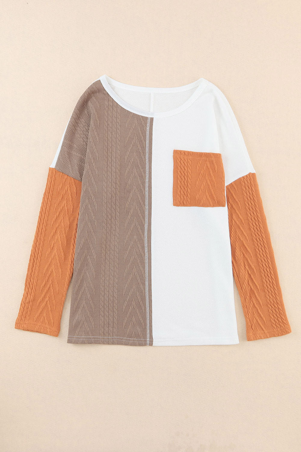 Orange Long Sleeve Colorblock Chest Pocket Textured Knit Top