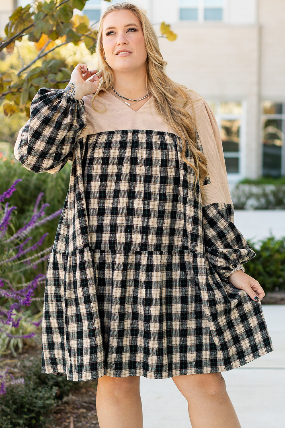 Black Plaid Waffle Knit Patchwork Collared V Neck Dress